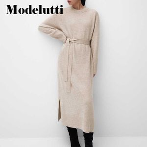 Casual Dresses Modelutti 2022 Ny Spring Autumn Wool Sweater Fashion Belt Slit Knit Midi Dress Solid Color Simple Temperament Top Women Z0216