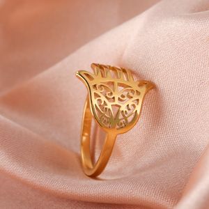 Stainless Steel Hamsa Fatima's Hand Rings for Women Girls Gold Color Ring Amulet Talisman Jewelry Gifts Wholesale