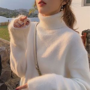 Women's Sweaters Winter 100% Mink Cashmere Turtleneck Sweater Women's Loose Big Size White Fluffy Pullover Angora Soft JNS306 230306