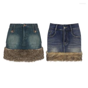 Röcke Damen Denim Plüschbesatz Patchwork Niedrige Taille Minirock Y2K Frühling Herbst Eingewickelt Hüfte Kurz Fairycore Grunge Streetwear