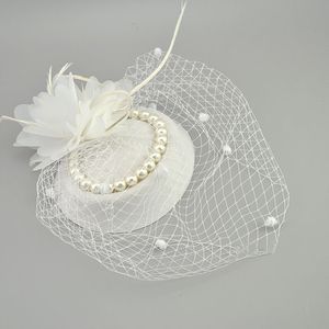 Stingy Brim Hats E JUE SHUNG Bridal Net Feather Hats White Red Black Birdcage Net Wedding Hats Bridal Fascinator Face Veils Pearls bride Hats 230306