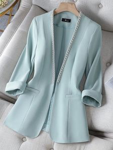 Kvinnors kostymer Blazers V Neck Thin Suit Women's Spring and Summer Korean Fashion Professional Wear Half Sleeve Casual Jacket Office Blazer 230306