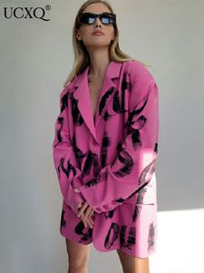 Women's Suits Blazers UCXQ Letter Printed Blazers Woman Notched Loose Long Sleeve Pink Suits Coats Streetwear Autumn Bolero Women Jacket 23XF358 230303
