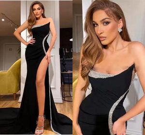 Sexy Black Mermaid Prom Dresses Plus Size for Women Sequined Beaded High Side Split Strapless Formal Wear Special Occasion Birthday Pageant Evening Gowns Custom
