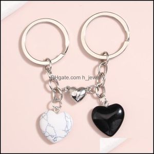 Keychains Lanyards 2Pcs/Set Lover Keychain Design Natural Crystal Quartz Stone Heart Key Ring Magnetic Button Chains For Couple Fr Dhpw7