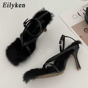 Top Spring Gladiator Sandals Saltos altos fêmeas de rua quadradas clipe-on Faux Fur Fuille Strappy Shoes 230306