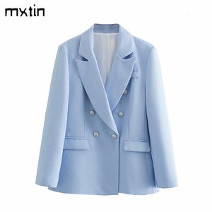 Abiti da donna Blazer MXTIN Donna Autunno Moda Blazer doppiopetto solido Vintage Tasche sottili Abito da donna da ufficio Giacca da donna da lavoro Cappotto 230306