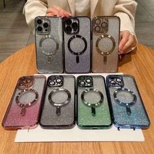 Luxury Magnet Wireless Charging Soft TPU Cases For Iphone 14 Plus 13 12 11 Pro Max Bling Glitter Chromed Plating Gradient Magnetic Camera Lens Protector Phone Cover