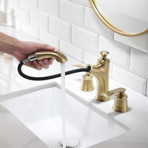 Rubinetti per lavandino del bagno Rubinetto in oro spazzolato di alta qualità Rubinetto per lavabo scalabile estraibile occidentale a 3 fori a 2 maniglie