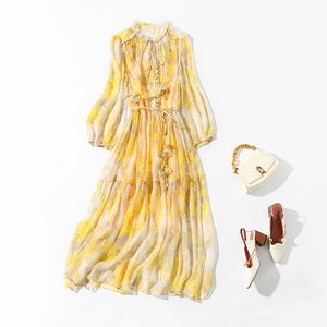 2023 Spring Round Neck Silk Floral Print Ribbon Tie Bow Dress Yellow 4/5 Sleeve Buttons Mid-Calf Midi Casual Dresses C2S124057