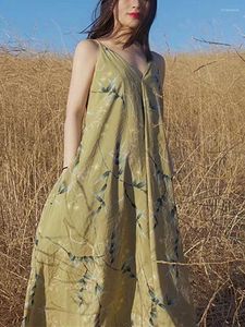Freizeitkleider Damen Vintage Bambusblattdruck Schlinge Langes Kleid Sommer V-Ausschnitt ärmellose Damen lose plissierte Robe mit Taschen