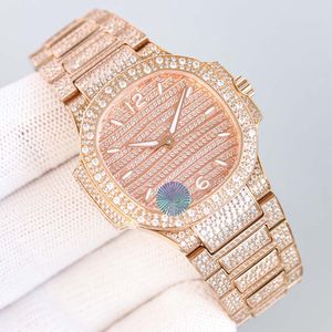 Relógio feminino cheio de diamantes, relógio mecânico automático, relógio de pulso feminino de negócios, pulseira de aço inoxidável, safira, à prova d'água, 35.2mm, montre de luxo