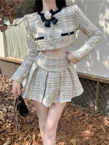 Work Dresses 2023 Autumn Small Fragrant Suit Women's Tweed Short Jacket Pleated Skirt Fashion Sweet Chic Two-Piece Set Outfit Female