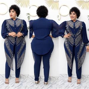 Ethnic Clothing Africa Chiffon Shirt 3 Piece Set Women African Clothes Fashion Diamonds Three Suit Long Tops Pants Party For Lady