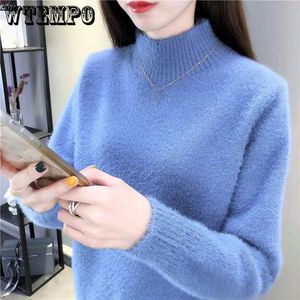 Kadın Sweaters Yarım Belvek Mink Mink Poater Kadın Kore tarzı Gevşek Kalın Örme Üstler Sonbahar Kış Pullover Alt Gömlek 230306