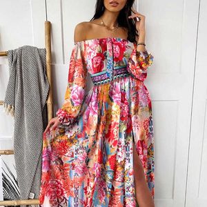 Casual Dresses 2023 evening dress printed dress V-neck pullover long-sleeved large swing split skirt T230303