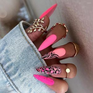 Falso unhas 3D Conjunto falso Pressione em falses dicas francesas longas rosa design de leopardo de leopardo diy suprimentos de manicure acrílico prego