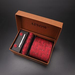 Bow Ties Luxury Tie Set presentförpackning för män Jacquard Slips och Pocket Square Clip Cufflinks Red Black Blue Handkuft Formell klänning 230306