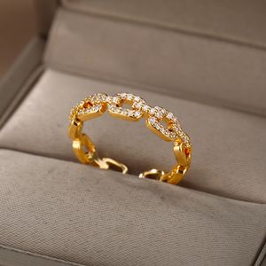 Classic Twist Chain Open Rings For Women Zircon Stainless Steel Geometric Twist Wrapped Couple Ring Wedding Aesthetic Jewelry