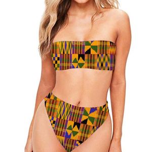 Women's Swimwear Swimsuit Women Sexy African Print Girls Off Shoulder Two Pieces Bathing Suit High Wait Bikini Set Plus Size Buquini