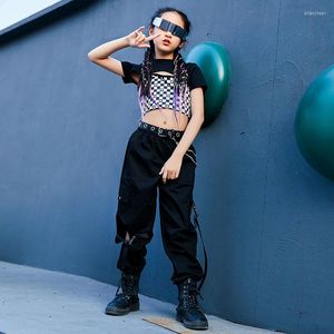 ステージウェアキッズジャズダンス服女の子ヒップホップ格子縞のベストブラックスーツ子供モダンストリートパフォーマンスコスチュームdwy7598