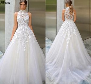 Romantico tulle collo alto una linea abiti da sposa per le donne plus size pizzo appliqued boho country abiti da sposa spazzata treno bottoni indietro abiti da sposa sposa CL1945