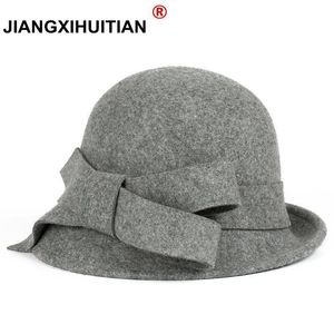 Stingy Brim Hats Winter warmth Fashion Bow Fedora Lady Hat Dome Elegant Ladies Real wool Topper For Women Bowknot Winters Hats For Women 230306