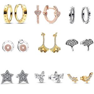 925 Silver Fit Pandora Earrings Crystal Fashion women Jewelry Gift Ear Studs Heart shaped earrings Temperament Ginkgo tree