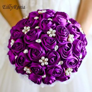Wedding Flowers EillyRosia Purple Bridal Bouquet Pearls Jewlery Crystals Red Blue Coral Customized Color Brooch