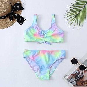 Endelar Tie Dye Girls Swimsuit Kids 7-16 år Tvådelar Barnkläder Ruched Front Bikini Set Teen Bathing Suit 2022 Beachwear W0310