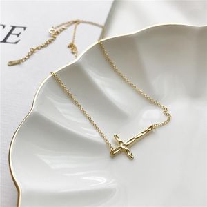 Choker Authentic 925 Sterling Silver 2023 Dainty Fotunning Mini CZ Cross Sideway Tiny Thin Chain Women Simple Necklace