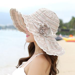 Breda randen hattar hink hattar ht1676 mode kvinnor hatt korea stil blommor förpackbar stor bredd hatt anti-uv justerbara damer floppy strand sol hatt 230306