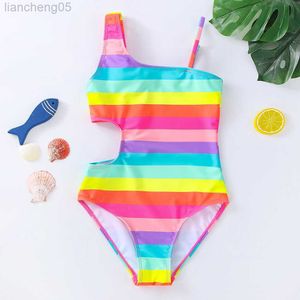 One-Pieces 2022 Girls Swimsuit One Piece Striped Cut-out Swimwear 3-10years Oblique shouldered Bathing Suit Rainbow Children's Swimwear W0310