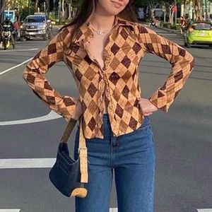 Damen T-Shirts 2023 V-Ausschnitt Langarm Frauen Braun Hahnentrittmuster Herbst Vintage Mode Lässig Sexy Crop Top E Mädchen Harajuku Shirt