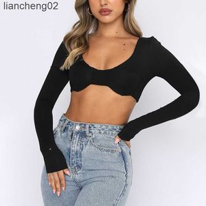 Kvinnors stickor Tees Kvinnor Sexiga Crop Tops Solid Color Low Cut Long Sleeve T-shirt som visar magknappkläder W0306