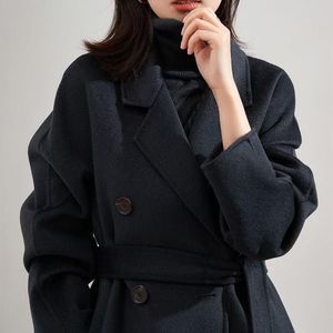 Women's Wool & Blends Double Sided Cashmere Coat Medium And Long Ox Horn Breasted Lace Up Lapel High-end CoatWomen's