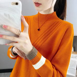 Women's Sweaters Stylish Half High Collar Spliced All-match Knitted Sweater Women's Clothing Autumn Loose Casual Pullovers Commute Tops 230306