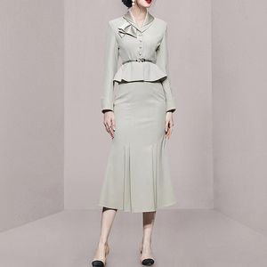 Two Piece Dres's Suits Set 2 Elegant Pieces Blazer Coat Mermaid Midi Skirt Fashion Fall Outfit Office Work Skirts Sets 230306