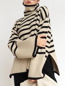 여자 스웨터 패션 탑 여성 스트라이프 하이 칼라 스웨터 가을 겨울 느슨한 디자인 니트 풀버 오버 사이즈 스웨터 점퍼 230306