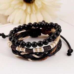 Strand 2023 3 In 1 Set Casual Male Bracelets Black Wooden Ball Beads String Handmade Braided Charm Bracelet Men Jewelry