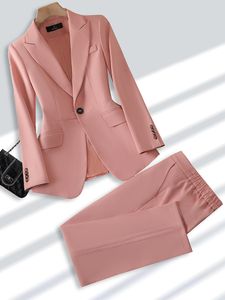 Kvinnors kostymer blazers vinterhöst beige khaki rosa damer pantdräkt formell 2 bit set blazer kvinnor kontor affärsarbetsjacka och byxa 230306