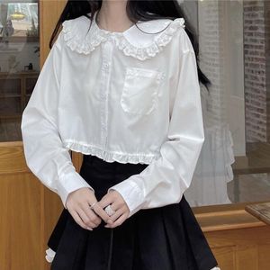 Kvinnors blusar skjortor houzhou kawaii vit skjorta kvinnor ruffle spets lapptäcke lolita blus söt preppy stil topps blå peter pan krage långärmad 230306