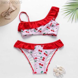 One-Pieces 3 ~ 10Year Toddler Baby Girl Costume da bagno Cherry print Costumi da bagno per ragazze Due pezzi Costumi da bagno per bambini Abbigliamento da spiaggia per bambini Bikini W0310