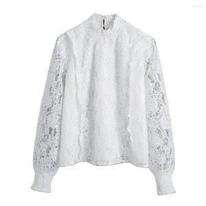 Women's Blouses Merodi Womens Spring Autumn Ruffles High Collar White Lace Blouse Stylish Lady Cascade Hollow Out Tops Grils Casual Shirts