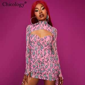 Lässige Kleider Chicology Pink Fire Y2K Süßes Kleid Langarm Bodycon Party Club Outfits 2022 Frauen Sommerkleidung Geburtstag Streetwear Z0216