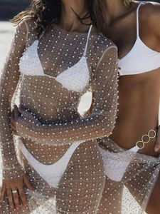 Casual Dresses Sexy Mesh See Through Women Dress Summer Fashion Pearl Long Sleeve Vacation Beach Dress Maxi BodyCon Club Outfits Cover Up 230303