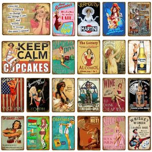 Retro Pin Up Girls With Beer art painting Wine Coffee Metal Signs For Pub Bar Cafe Home Casino Decor Sexy Lady Vintage Wall personalized metal Poster Size 30X20CM w02