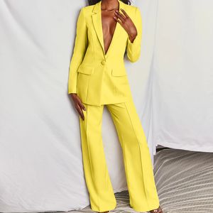 Women's Suits Blazers Two Piece Women Business Blazer Set Office Lady Solid Colors Formal Suits with Buttons Pink Yellow Commute Blazer Pants Set 230306