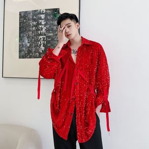 Men's Casual Shirts Spring Autumn Black Red Long Sleeve Shirt Men Women Sequin Lacing Oversized Blouse Nightclub DJ Singer Stage Costume 230306