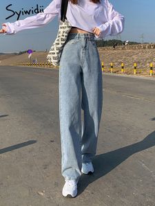 Jeans da donna Syiwidii Jeans a gamba larga per donna Pantaloni larghi in denim a vita alta Pantaloni a figura intera per abbigliamento Vintage Streetwear 230306